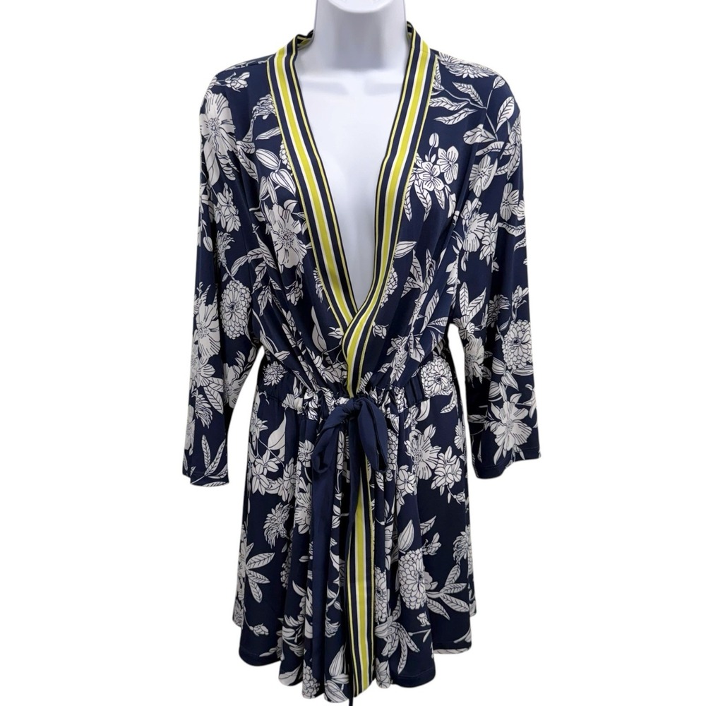 Susan Graver Womens XL Liquid Knit Navy White Floral Tie-waist Kimono Robe